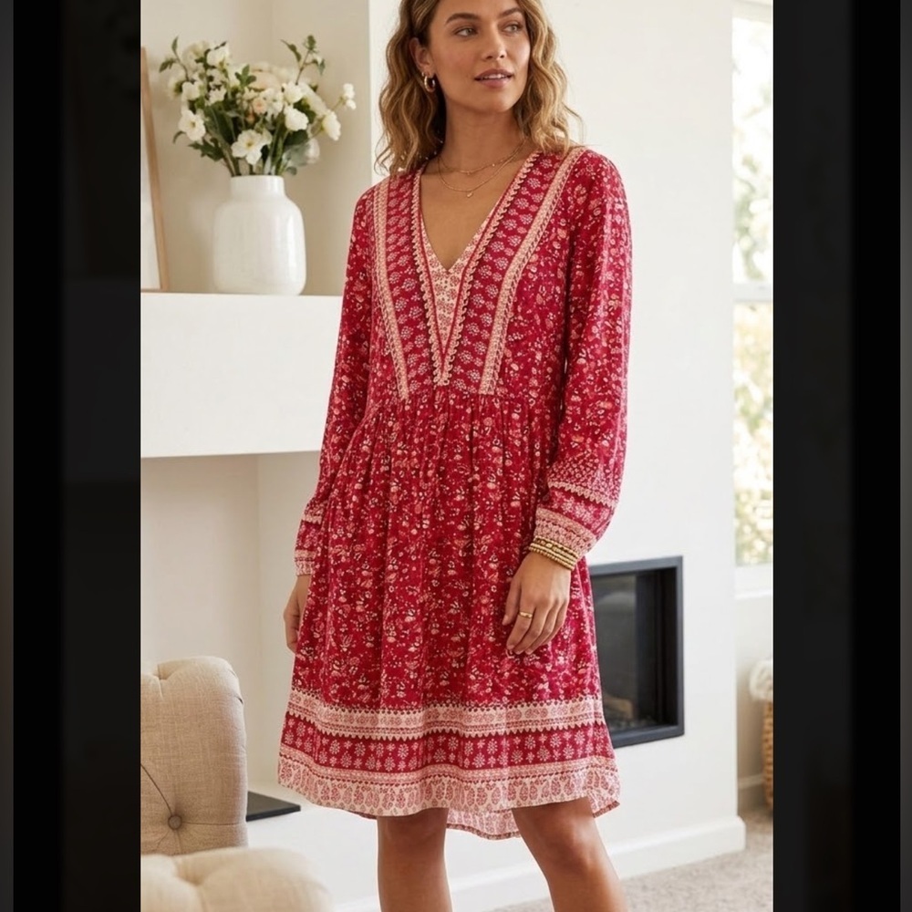 Maeve Red and White Floral Long Sleeve Dress